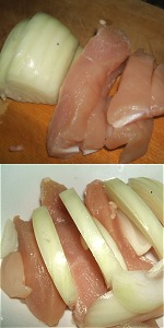 Onion and chicken steamed with sake Image