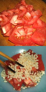 Vinegared dish of tomato and deep-fried batter balls Image